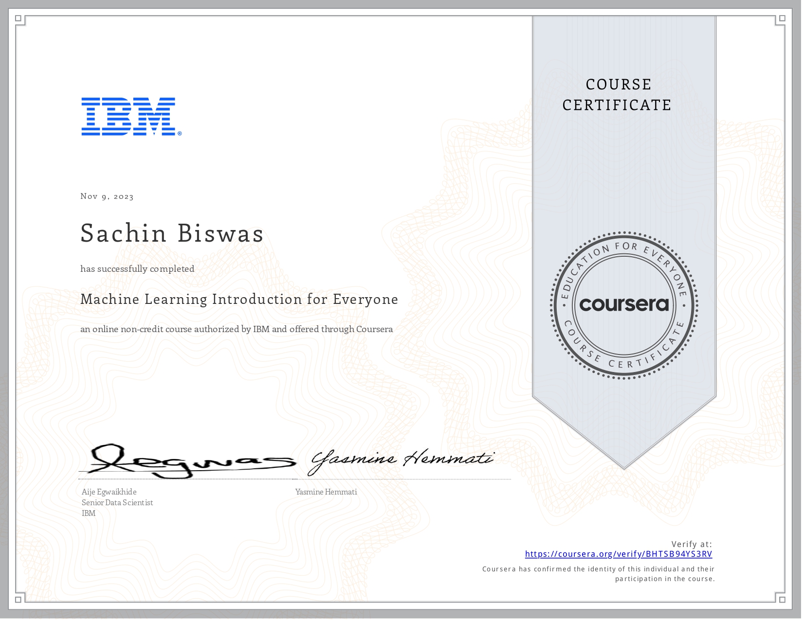 Machine Learning Introduction for Everyone certificate